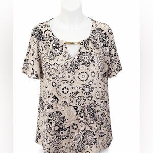 Notations XL Floral Blouse Beige Black Keyhole Top Chic Flowy